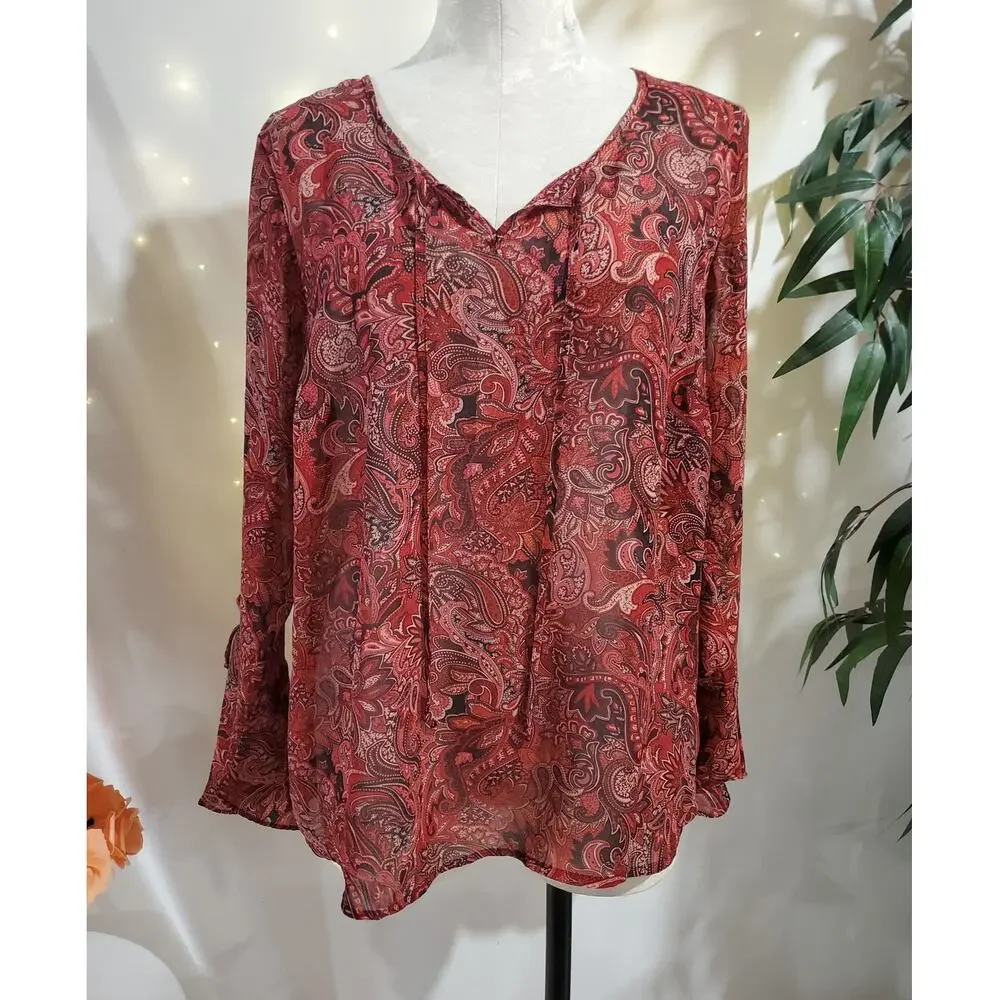 Vtg 90s y2k Fashion Bug Sheer Paisley V-Neck Bell Sleeve Blouse Sz 14/16 XL Boho - Picture 1 of 10